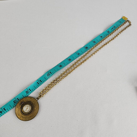 Vintage Caravelle Back & Gold Tone Pendant Watch Necklace 7 jewels - Picture 10 of 11